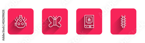 Set line Ladybug, Butterfly, Book about insect and Centipede with long shadow. Red square button. Vector