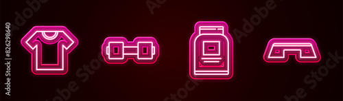 Set line T-shirt, Dumbbell, Sports nutrition and Step platform. Glowing neon icon. Vector