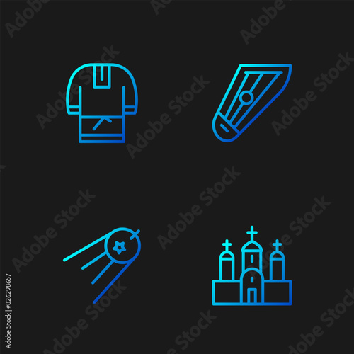 Set line Church building, Satellite, Kosovorotka and Kankles. Gradient color icons. Vector