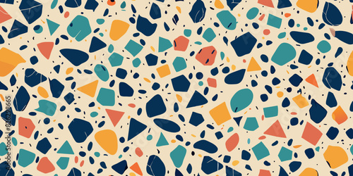 Colorful terrazzo pattern featuring irregularly shaped and differently sized fragments in shades of blue, green, orange, and pink scattered on a beige background.