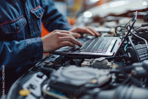 Mechanic using a laptop for car diagnostics, Hand of mechanic in blue uniform on laptop over car engine, soft blue glove, focused task, blurred workshop setting, symbolizes technical analysis.