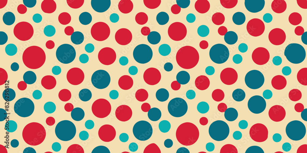A seamless pattern featuring red, teal, and blue polka dots of various sizes on a beige background. The dots are evenly distributed, creating a lively and colorful design. A seamless pattern featuring red, teal, and blue polka dots of various sizes on a beige background. The dots are evenly distributed, creating a lively and colorful design.