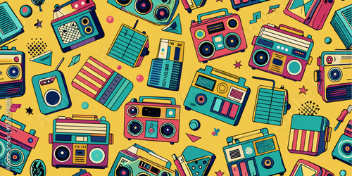 Vibrant, retro-themed pattern featuring colorful illustrations of 80s-style boomboxes, cassette tapes, and radios on a yellow background. The design includes various bold colors like pink, blue