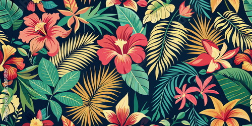 A vibrant tropical pattern featuring a variety of flowers and leaves. The design includes colorful flowers in shades of pink, red, orange, and cream