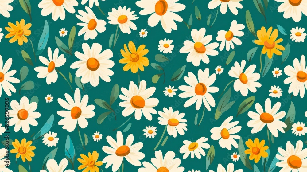 A seamless modern pattern with groovy vintage daisy or camomile flowers. A beautiful country floral background. Use as a surface design, wallpaper, wrapping paper, or textile texture.