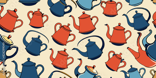 A seamless pattern featuring assorted dark blue and black teapots and teacups on a light yellow background. The teapots and teacups vary in shape and size