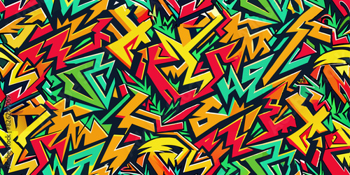 A vibrant graffiti-style pattern composed of dynamic, jagged shapes and zigzags in bold colors including red, yellow, green, blue, and orange