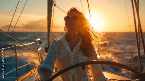 A female ship captain is navigating a sailing boat in sea. photo