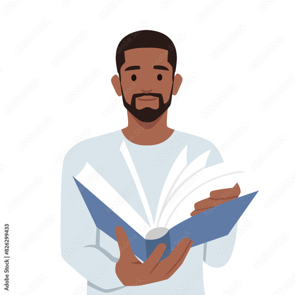 Young black businessman reading a book vector. Flat vector illustration isolated on white background Young black businessman reading a book vector. Flat vector illustration isolated on white background