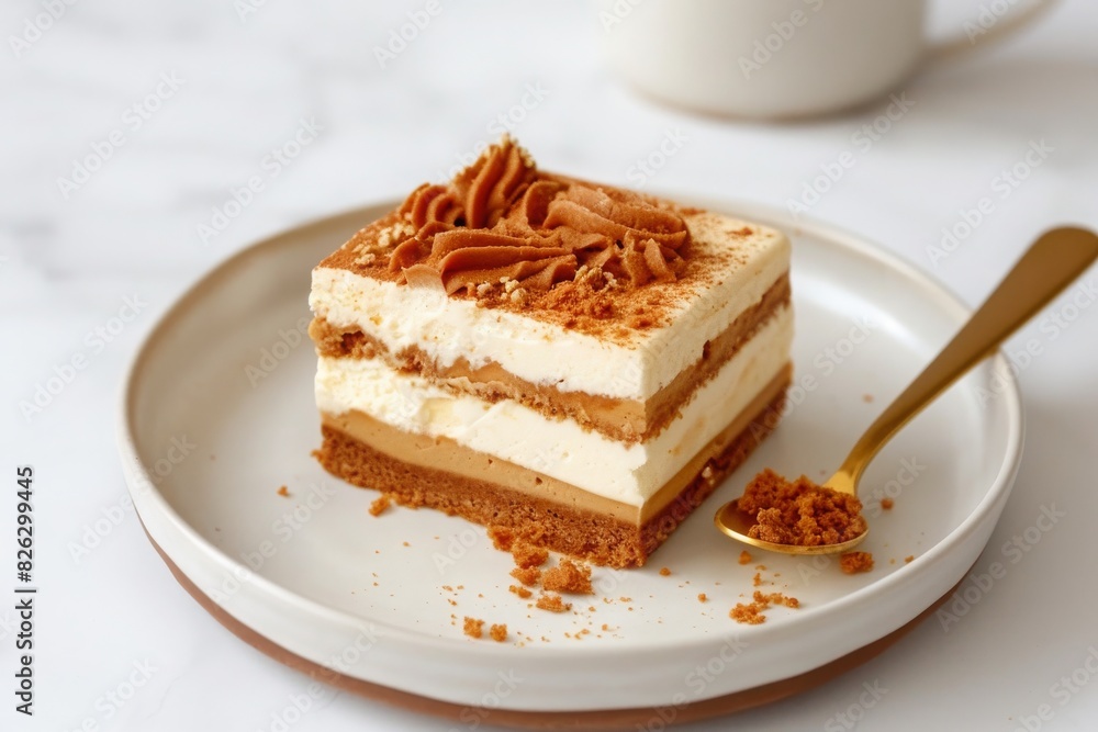 Piece of biscoff layered cheesecake on a white plate along with spoon on a white background Piece of biscoff layered cheesecake on a white plate along with spoon on a white background