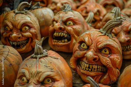 Collection of spooky, handcarved pumpkins with grotesque faces, perfect for halloween decor photo