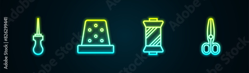 Set line Awl tool, Thimble for sewing, Sewing thread on spool and Scissors. Glowing neon icon. Vector