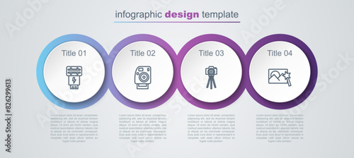 Set line Photo camera flash, , and retouching. Business infographic template. Vector