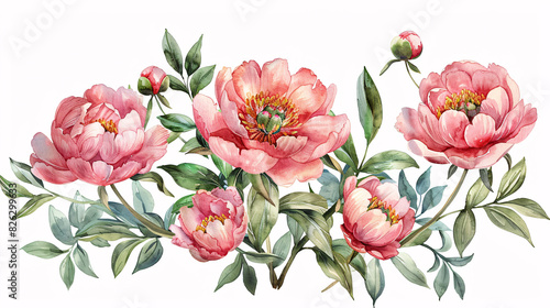 Fototapeta Naklejka Na Ścianę i Meble -  Elegant hand drawn floral art with watercolor flowers and green leaves, perfect for wedding themes, isolated on white background