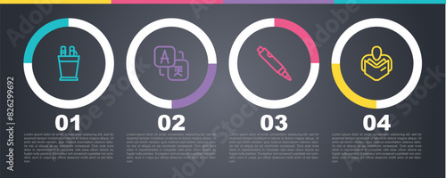 Set line Pencil case stationery, Translator, Marker pen and Man reading book. Business infographic template. Vector