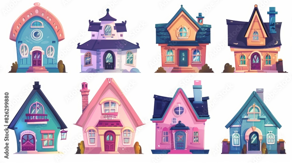 A set of different styles of residential houses. Retro and modern architecture. Modern illustrations of house facades.