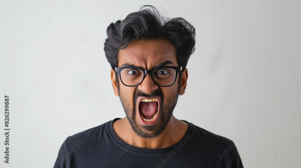 South Asian Man in Glasses Shouting in Anger with Intense Facial Expression South Asian Man in Glasses Shouting in Anger with Intense Facial Expression