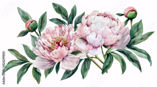 Elegant hand drawn floral art with watercolor flowers and green leaves, perfect for wedding themes, isolated on white background