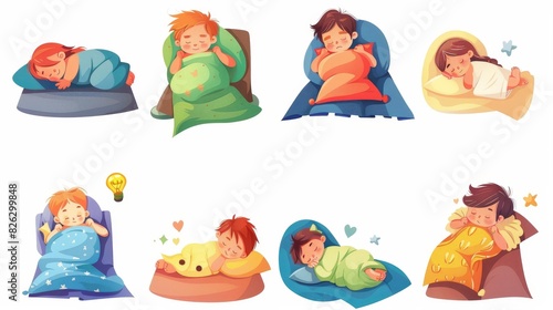 Children sleeping in beds. Cartoon illustration of adorable boys and girls on pillows under blankets.