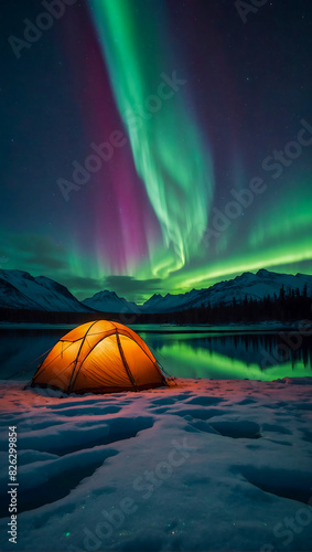 A glowing tent by a calm tranquil lake with the beautiful northern lights dancing in the sky © The A.I Studio