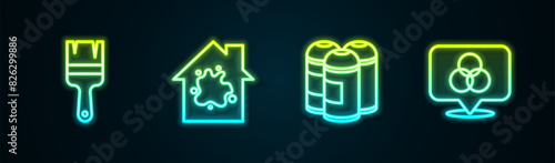 Set line Paint brush, Painting the house, spray can and RGB and CMYK color mixing. Glowing neon icon. Vector