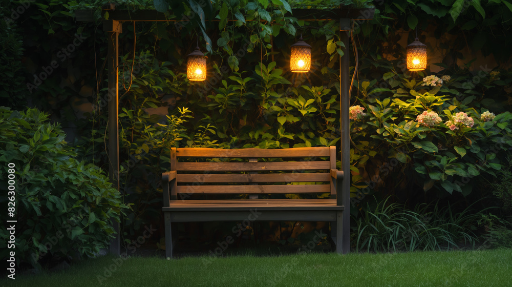 A serene evening setting with a wooden bench under hanging lanterns amidst lush greenery, evoking calmness A serene evening setting with a wooden bench under hanging lanterns amidst lush greenery, evoking calmness