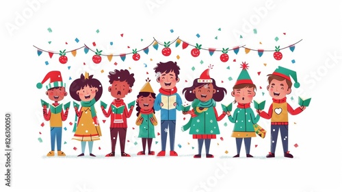An illustration of a group of children singing carols on a white background.