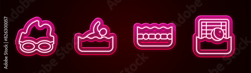 Set line Glasses for swimming, Swimmer, Swimming pool and Water polo. Glowing neon icon. Vector