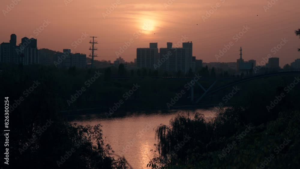 Scenic Evening View By The Hangang River At Seonyudo Park In Yeongdeungpo, Seoul, South Korea. wide shot Scenic Evening View By The Hangang River At Seonyudo Park In Yeongdeungpo, Seoul, South Korea. wide shot