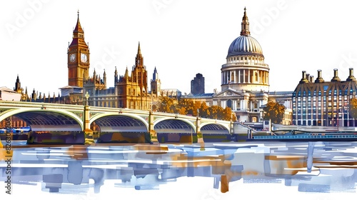 Colorful watercolor painting of London skyline with Big Ben and St. Paul's Cathedral in vibrant hues. Modern and artistic style for wall art or travel guides. AI photo