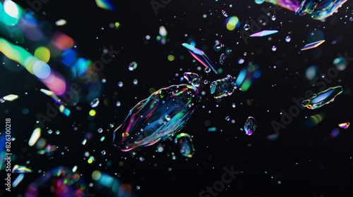 A close up image featuring water bubbles set against a dark background