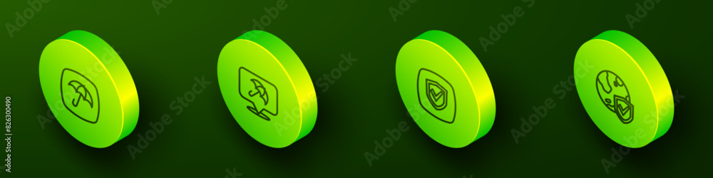 Set Isometric line Umbrella, Shield and with world globe icon. Vector Set Isometric line Umbrella, Shield and with world globe icon. Vector