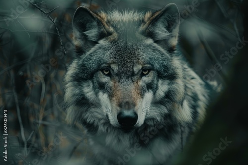 Closeup of a wolf's face with captivating eyes peering through woodland undergrowth