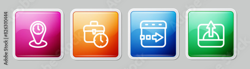 Set line Time zone clocks, Work time, flies the and Sunrise. Colorful square button. Vector