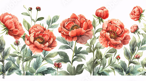 Elegant hand drawn floral art with watercolor flowers and green leaves, perfect for wedding themes, isolated on white background