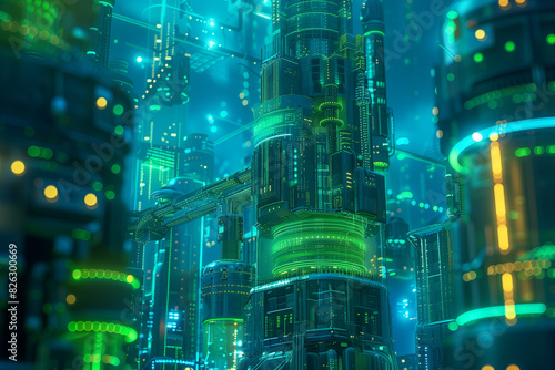 Futuristic city with towering structures growing from a complex circuit board  vibrant blue and green lighting.