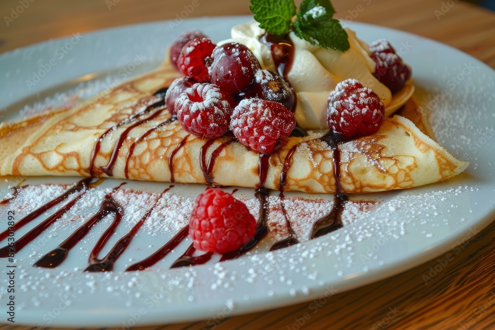 Indulgent crepes topped with raspberries, dusted with powdered sugar, and chocolate syrup Indulgent crepes topped with raspberries, dusted with powdered sugar, and chocolate syrup