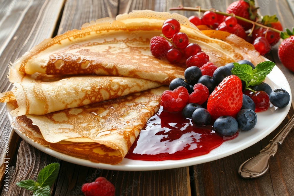 Delicious crepes with strawberries, raspberries, blueberries and jam