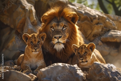 a majestic lion with cubs in front of a rock cave  protecting cubs as a father  world father day celebration