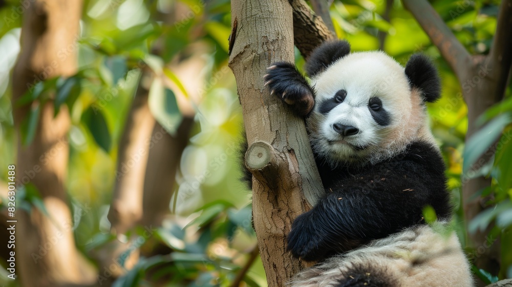 Obraz premium A panda bear on tree in wild forest.