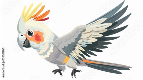 A cartoon flat modern illustration of an adult gray cockatiel looking at you and flapping its wings  Nymphicus hollandicus  corella .