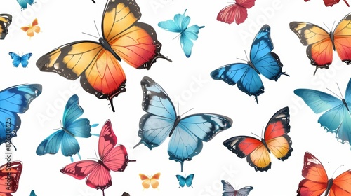 Colorful flying butterflies seamless pattern. Beautiful insects isolated on white background. Spring summer seasons butterfly modern border design.