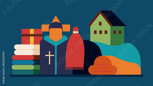Basic necessities such as ries blankets and warm winter clothes are available for the residents generously donated by members of the church community.. Vector illustration