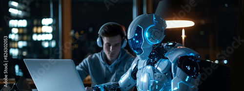 An AI robot and young man engage in digital education side-by-side, their headphones and relaxed living space creating a scene of contemplative technological synergy.