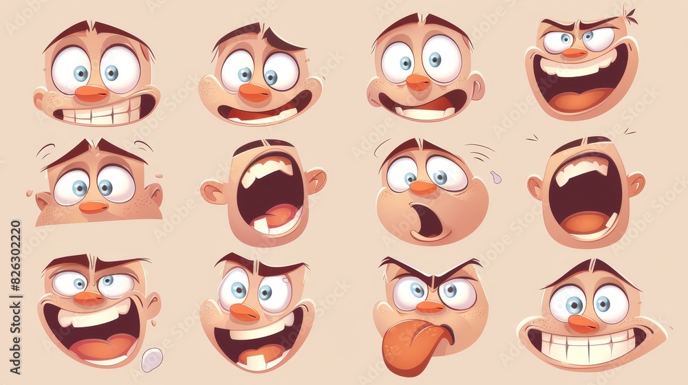 Funny cartoon character with different eyes and mouth. Interested face expression with cartoon tongue. Modern set of cartoon facial expressions. Funny cartoon character with different eyes and mouth. Interested face expression with cartoon tongue. Modern set of cartoon facial expressions.