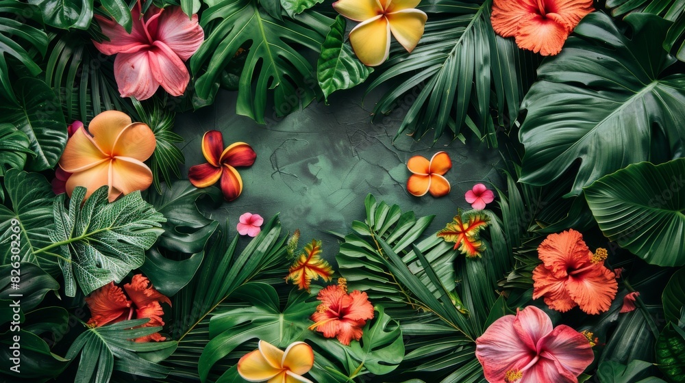 Vibrant pop-art mockup with tropical leaves and vibrant flowers on a lush background Vibrant pop-art mockup with tropical leaves and vibrant flowers on a lush background