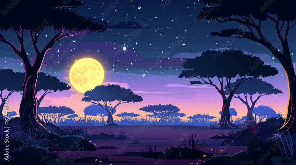 Animated modern illustration of a southern African savanna with full moon, stars, and acacia trees at night. Concept of safari, vacation, and travel.