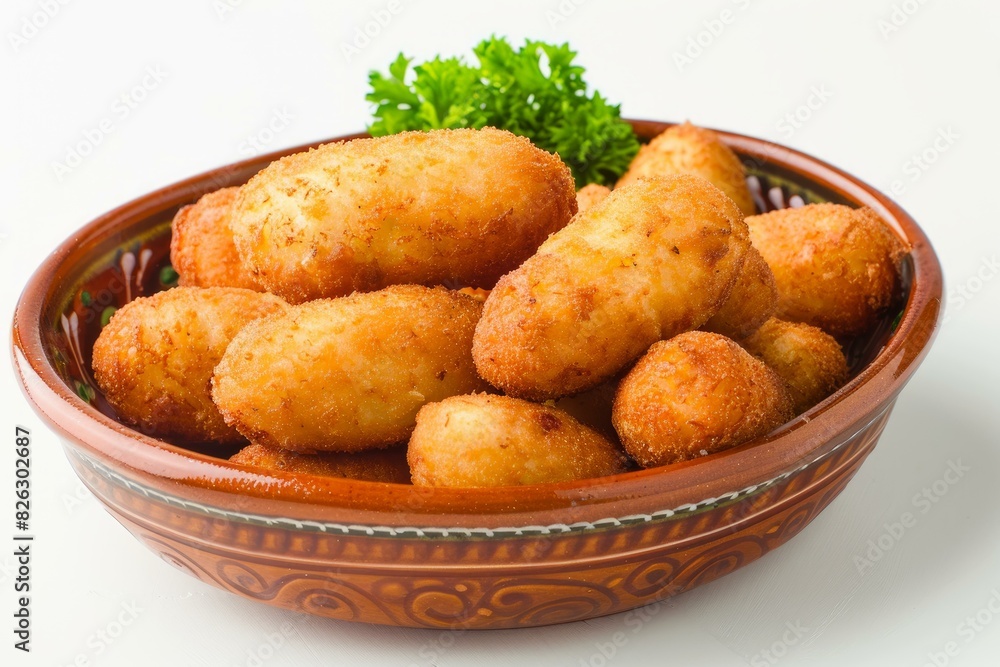 Crispy breaded croquettes served with parsley in a traditional terracotta dish isolated on a white background Crispy breaded croquettes served with parsley in a traditional terracotta dish isolated on a white background