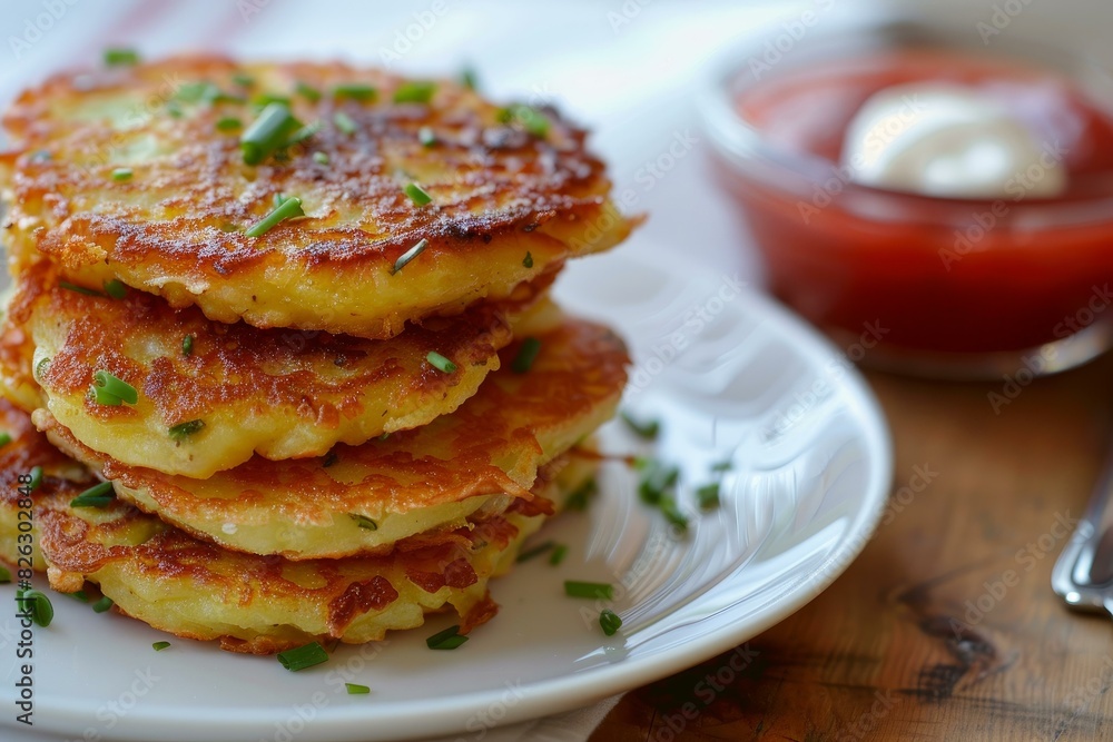 Closeup of crispy potato pancakes served with sour cream and tomato sauce, garnished with chives Closeup of crispy potato pancakes served with sour cream and tomato sauce, garnished with chives