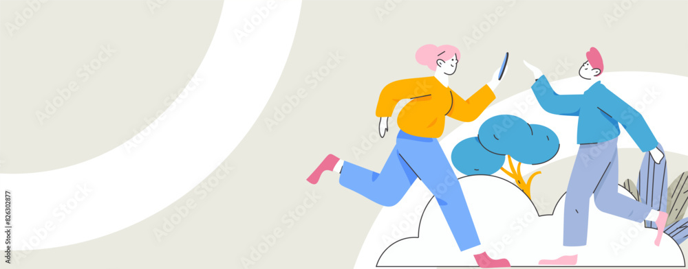 Fototapeta premium People exercising healthy running vector internet operation illustration 